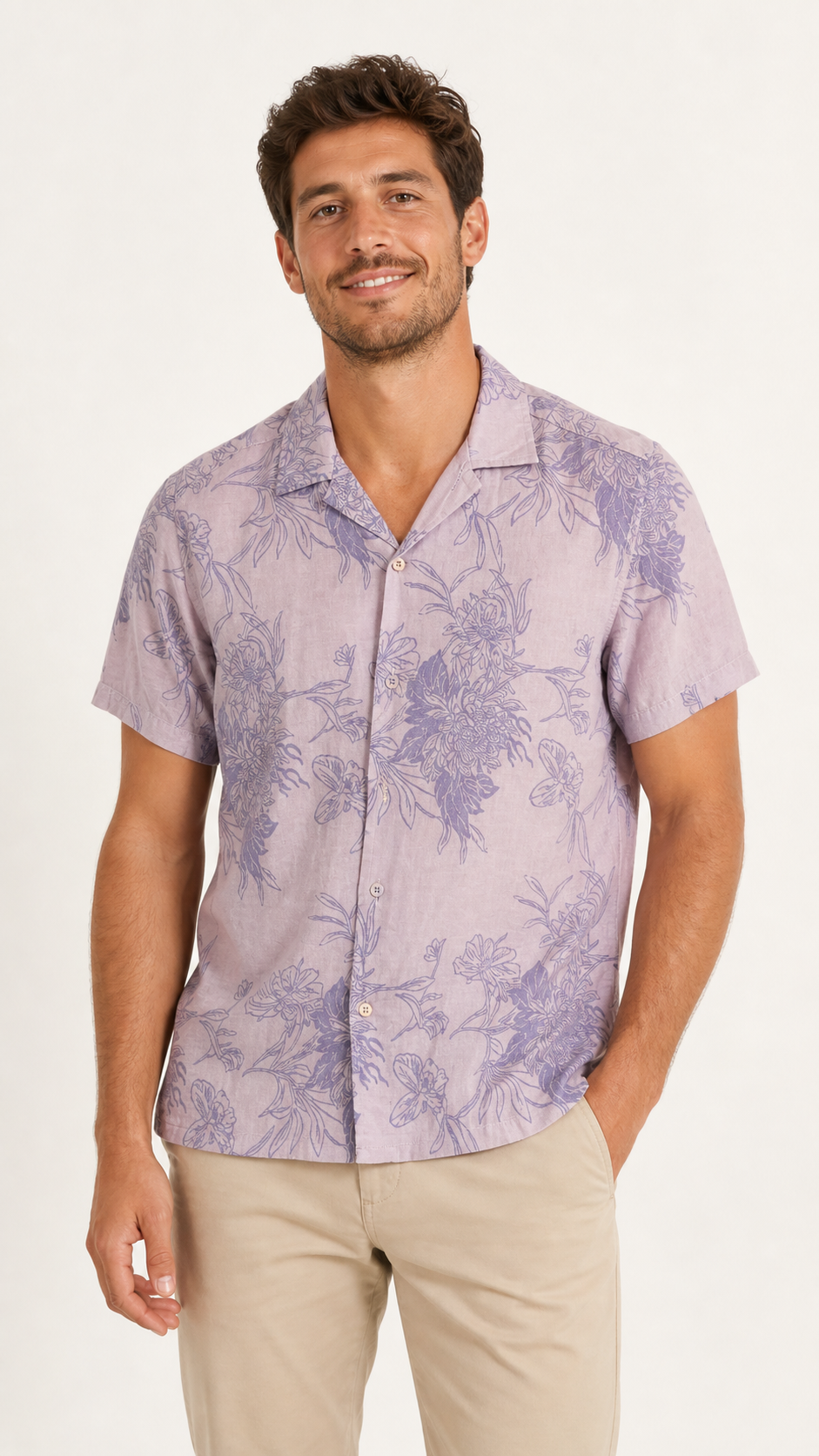 Scorpion Bay Heren Overhemd Korte Mouw – Lila Bloemenprint – 100% Katoen