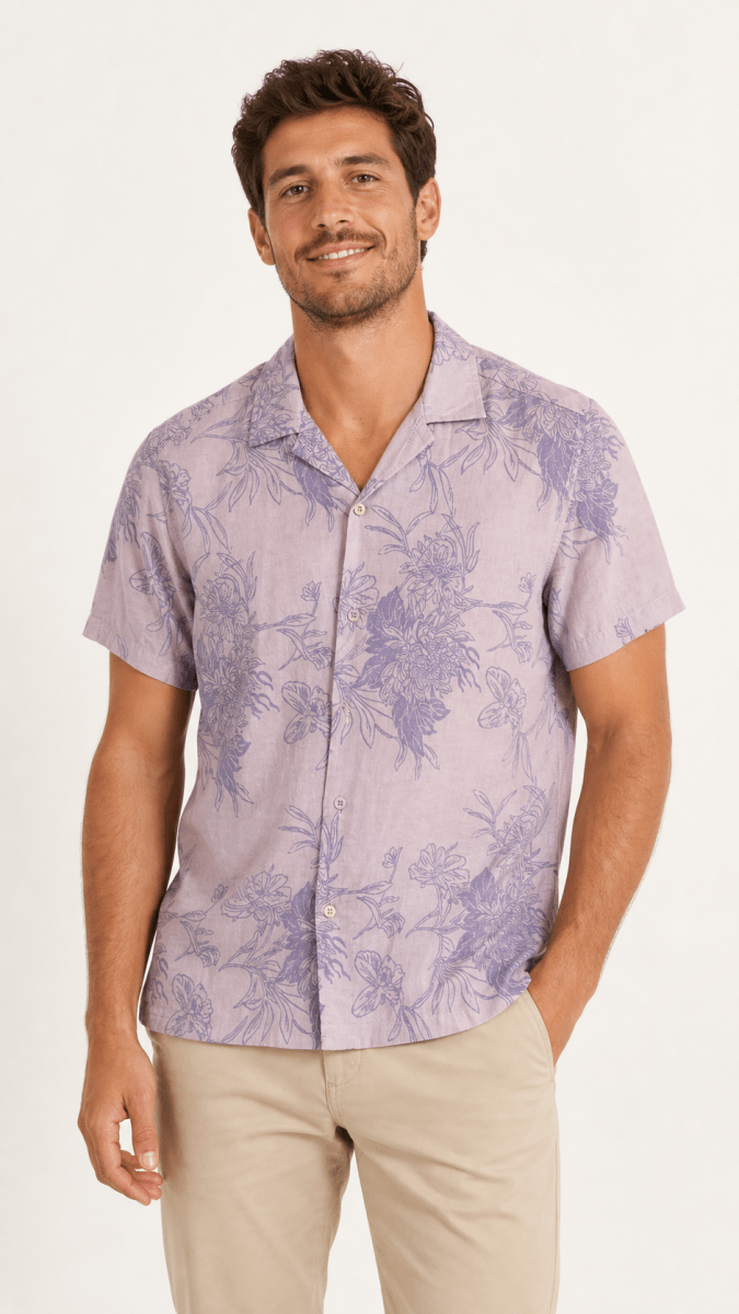 Scorpion Bay Heren Overhemd Korte Mouw – Lila Bloemenprint – 100% Katoen - Skone Store