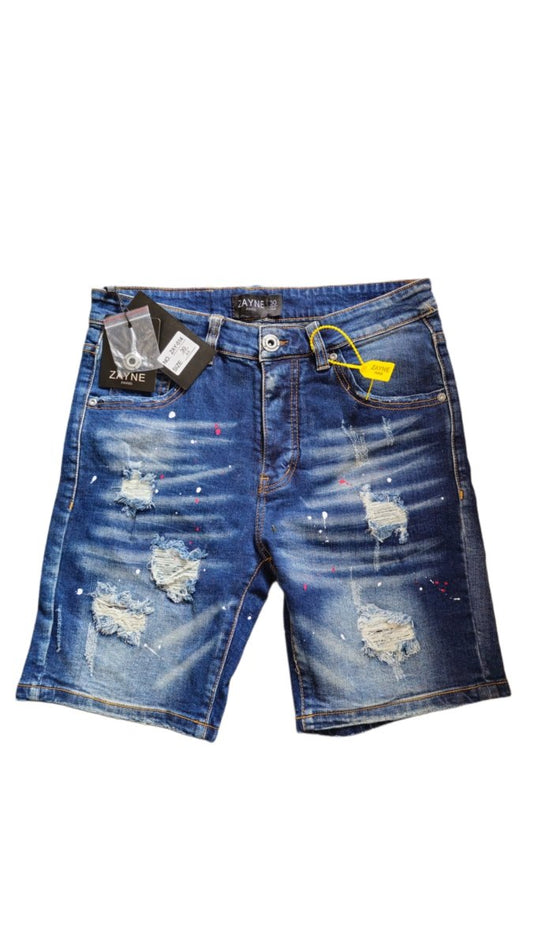 Zayne Paris donkerblauwe distressed denim short – paint splatter & stretch - SK Collections