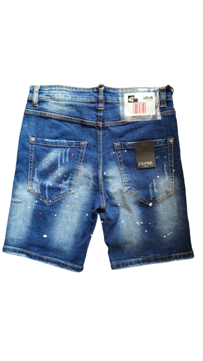Zayne Paris donkerblauwe distressed denim short – paint splatter & stretch - SK Collections
